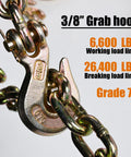 Close-up of 3/8 Inch Clevis Grab Hook Set, Heavy Duty Forged Steel Rigging Hooks, 6,600 Lbs Working Load Limit, Yellow Zinc Finish