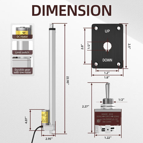 Rock Solid 18 Inch 12V Linear Actuator Handling 220 Lbs Of Push Pull Workload With Slick Rapid Cycling And Reverse Polarity Cutout dimensions and components.
