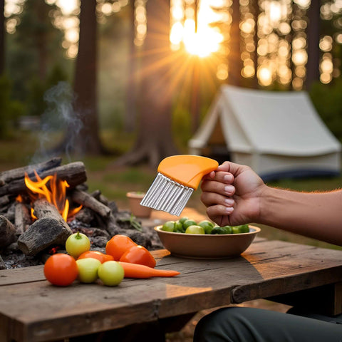 Orange vegetable crinkle-wavy chopper cutter with stainless steel blades, held outdoors near a campfire.