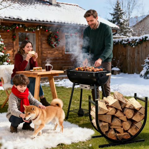 17 Inch Heavy Duty Firewood Rack Holder for Indoor and Outdoor Use next to a family enjoying a barbecue in a snowy backyard.