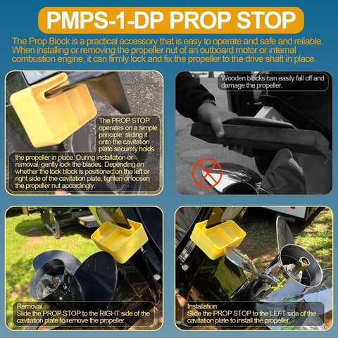Floating Prop Wrench And Prop Stop Kit in use on boat, showing yellow polymer tool securing propeller.