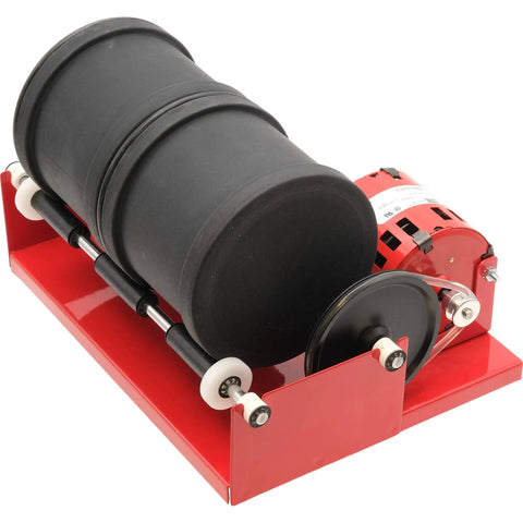 Rotary Rock Tumbler Kit With Dual Rubber Barrels 6 Lb Capacity Each Model AR2 115 Rock Tumbler, red frame, fan-cooled motor