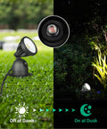Outdoor Spotlight Kit 2 Pack Dusk To Dawn 120V 12W 4000K 1150LM 180 Degree Rotatable IP65 Waterproof LED Landscape Lighting showing day and night operation.