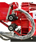 Close-up detail of hydraulic system on 8 Inch PTO Wood Chipper With Hydraulic Infeed Red Heavy Duty Yard Debris Chipping Machine