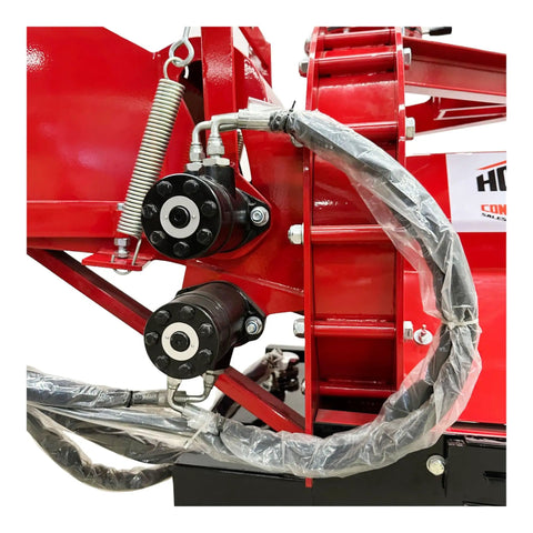 Close-up detail of hydraulic system on 8 Inch PTO Wood Chipper With Hydraulic Infeed Red Heavy Duty Yard Debris Chipping Machine