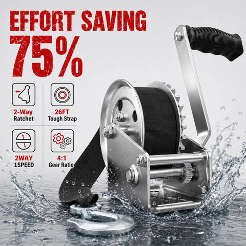 1600lbs Heavy Duty Boat Trailer Winch With 26ft Strap, Dual Direction Ratchet, 4 to 1 Gear Ratio, Portable Hand Crank Design, Perfect For Easy Towing, Loading And Recovery Of Boats, Jet Skis, And More. silver boat trailer winch with 26ft strap and hand crank