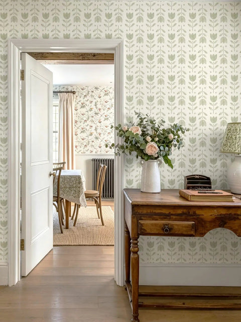 Fresh Green Floral Wallpaper Peel And Stick Self Adhesive Tulip Contact Paper Rental Friendly Home Decor in a rustic dining area.