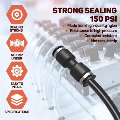 One Quarter Inch Push To Connect Pneumatic Fittings Kit 8 Pack shown with nylon tubing highlighting strong sealing and 150 PSI rating.