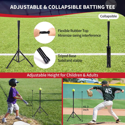 Adjustable batting tee for 7x7 Ft Extra Large Baseball And Softball Training Net With Batting Tee, Heavy Duty Steel Frame, use by kids and adults.