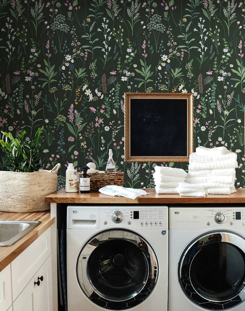 Laundry room with Farm Floral Peel And Stick Wallpaper For Walls And Cabinets Dark Wildwood Look Self Adhesive Contact Paper Easy DIY