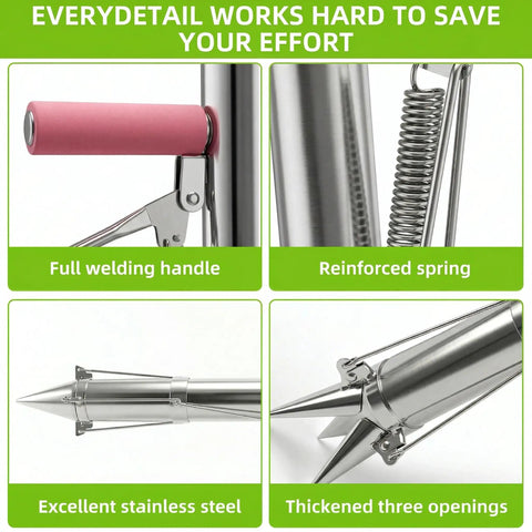 Semi Automatic Long Handled Garden Planter Tool For Seedlings And Bulbs details, including handle, spring, stainless steel body.