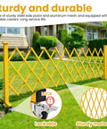 Crew Certified Expandable Metal Barricade With Heavy Duty Roller Casters And Quick Break Down Scissor Gate, yellow, in a residential setting.
