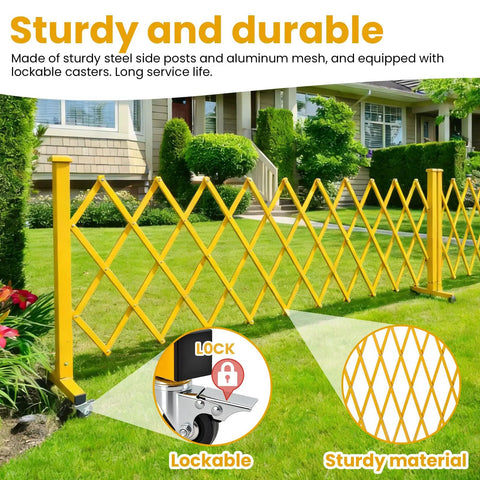 Crew Certified Expandable Metal Barricade With Heavy Duty Roller Casters And Quick Break Down Scissor Gate, yellow, in a residential setting.