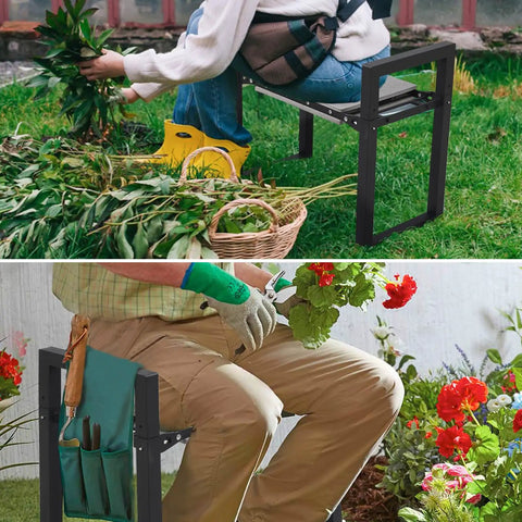 Heavy Duty Garden Kneeler And Seat 2 In 1 Foldable Work Stool in use by gardeners, showing sturdy metal frame and cushioned seat pad.