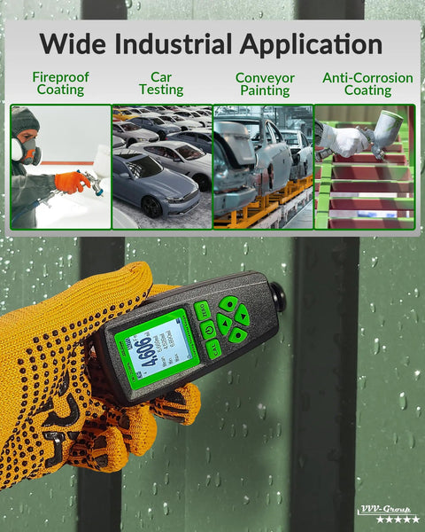 Pro Grade Paint Thickness Gauge For Auto Detailing And Inspections, 0-2000µm Range With 0.001 Mil Resolution, Fe/NFe Auto Detection, USB Data Export, Real World Coating Check For Repaints And Car Coating Condition, handheld black green gauge on coated metal surface