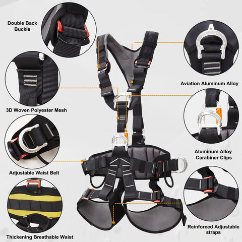 All Around Full Body Climbing Harness For Outdoor Adventures With Thick Waist Pad details showing materials and components