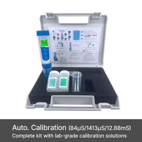 Waterproof EC60 Pocket Conductivity Tester Kit With Replaceable Platinum Black Sensor, Easy EC TDS Salinity Switch, Plus Minus 1 Percent Full Scale Accuracy, Auto Buffer Recognition, Auto Temperature Compensation, Large Backlit LCD, complete calibration kit