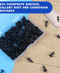 Number 8 x 5/8 Inch Flat Head Wood Screws With Black Oxide Finish And Self Tapping Design For Smooth Sailing And No Nonsense Fastening In Softwood, Built Tough Carbon Steel Provides Bulletproof Grip For Furniture, Includes 166 Pieces For Home Workshop in clear storage box.