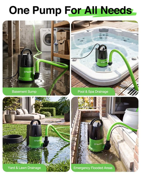 Heavy Duty 1 HP Submersible Water Pump With Smart Float Switch Cranks 4000 GPH for basement, pool, yard, and emergency drainage.