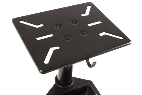 Top view of a heavy duty cast iron stand plate for the Heavy Duty 6 Inch Bench Grinder Rig with hook and secure attachment holes.