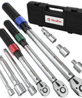 Nine Piece Torque Wrench Set With 1/4 3/8 1/2 Inch Drives, 20-220 Inlb And 5-45 And 10-170 FtLb Ranges, Includes Extension Bars And Adapters