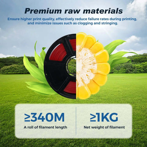 Rapid PLA Filament Ruby Red 1.75mm 1kg Spool shown with a vibrant sunflower backdrop, highlighting premium raw materials.
