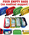 Four Piece Color Coded First Aid Pouches Set With Transparent Window For Easy Visibility Zippered Medical Supply Bags In Red Yellow Blue Green On The Go Travel Organizer For Home Office And Emergency Kits, showing contents and empty bags.