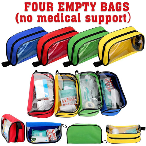 Four Piece Color Coded First Aid Pouches Set With Transparent Window For Easy Visibility Zippered Medical Supply Bags In Red Yellow Blue Green On The Go Travel Organizer For Home Office And Emergency Kits, showing contents and empty bags.
