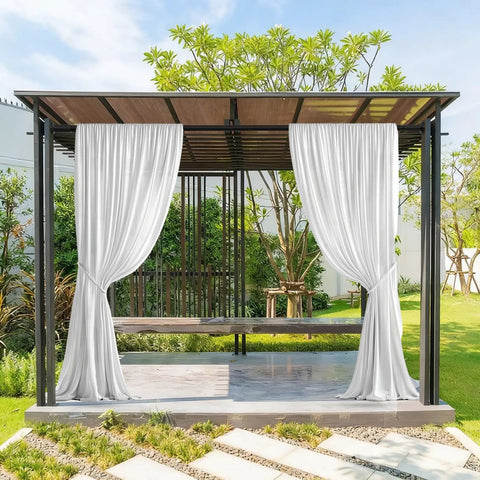 Heavy Duty Tension Curtain Rod 51 To 168 Inches No Drill Outdoor Patio Window Adjustable Shower Rod Extra Long 1.26 Inch Diameter Never Rust Black Weatherproof Design Easy Install in garden gazebo with white curtains