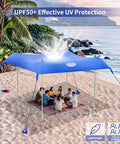 Family Friendly Beach Tent Canopy Sun Shade 10x10 Ft providing shelter for a group on the beach, showcasing UPF 50 Lycra fabric.