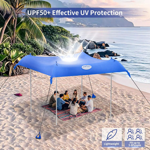 Family Friendly Beach Tent Canopy Sun Shade 10x10 Ft providing shelter for a group on the beach, showcasing UPF 50 Lycra fabric.