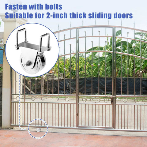 Two Pack Of Four Inch V Groove Gate Rollers Offer Rock Solid 3000 Lb Load Rating With Galvanized Steel Mount Brackets and wheels for sliding gates.