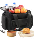 Portable Thermoelectric Cooler Warmer Bag 14 Liters filled with drinks and snacks, perfect for tailgates and campouts.