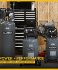 Set of industrial air compressors with 29 Gallon Portable Air Compressor With 2.5 HP Motor, 120 Volt Power, 175 PSI Max for heavy-duty tasks.