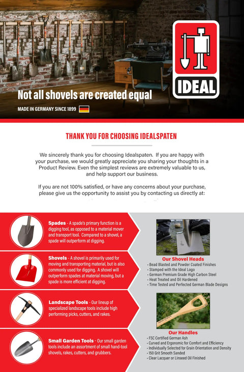 Brochure showcasing Idealspaten's range of shovels and gardening tools, featuring German manufacturing details and product descriptions.