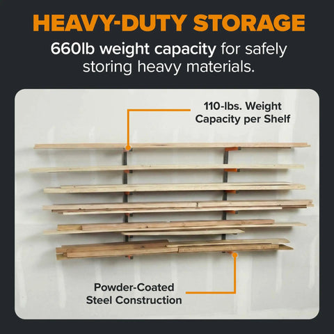 Wood Organizer And Lumber Storage Rack With Six Level Wall Storage Shelves For Indoor And Outdoor Use In Bright Orange Heavy Duty