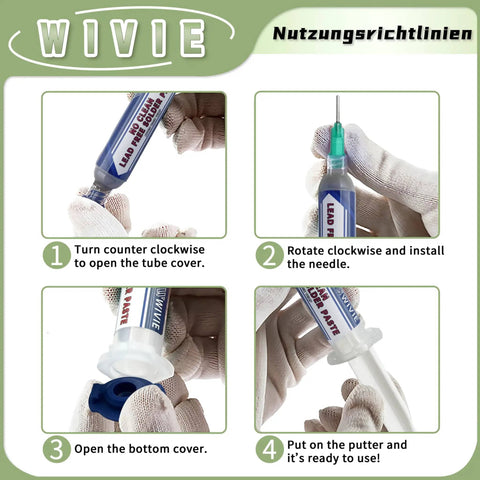 Instruction steps for using Low-Temp Lead-Free Solder Paste For Precision Soldering With Tin-Bismuth Alloy, Melts At 138 Celsius.