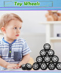 Child with stack of durable plastic car tires from 64 Piece Toy Wheels And Axles Set For DIY Model Car Building Projects