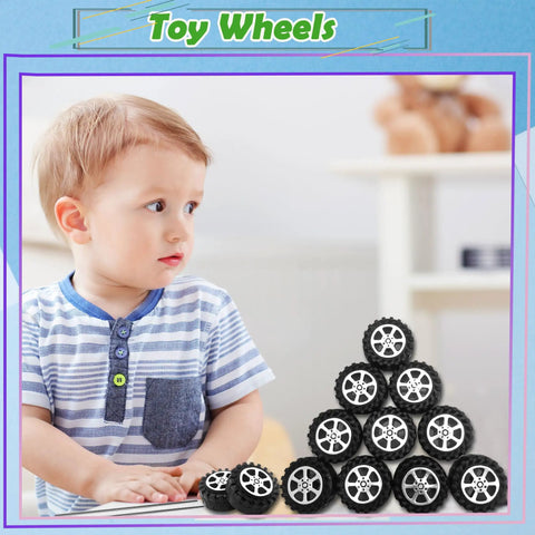 Child with stack of durable plastic car tires from 64 Piece Toy Wheels And Axles Set For DIY Model Car Building Projects