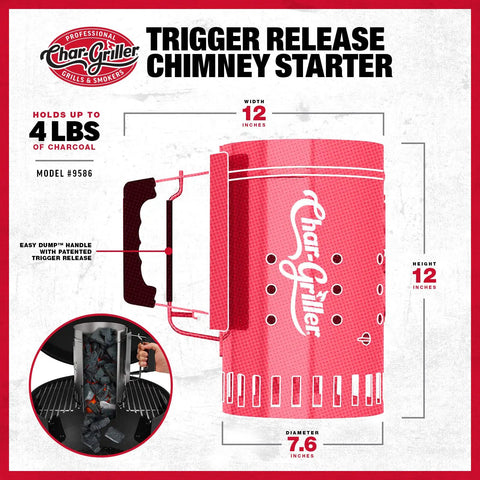 Chimney Style Charcoal Grill Starter With Quick Release Trigger For Fast Coals Lighting 12 Inch dimensions illustration