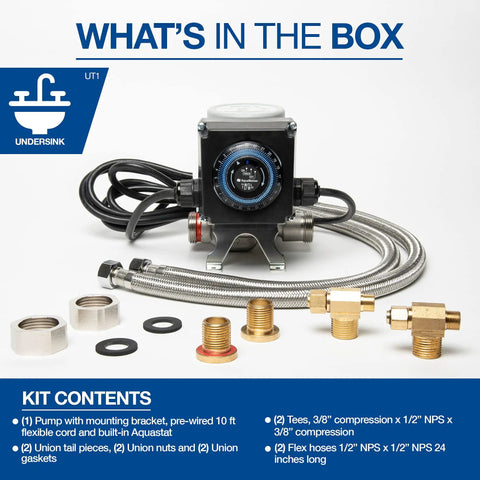 Fully Automatic Instant Hot Water Recirculation Pump For Under Sink Setup With Zero Wait Time And Super Slick Energy Saving Design For Easy Living kit contents with pump, hoses, and fittings.