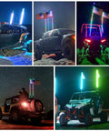 Collage of 2 Pack 3Ft Spiral RGB LED Whip Lights With RF Remote 360 Degree Chasing Color on vehicles like UTVs and trucks at night.