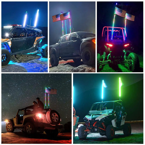 Collage of 2 Pack 3Ft Spiral RGB LED Whip Lights With RF Remote 360 Degree Chasing Color on vehicles like UTVs and trucks at night.
