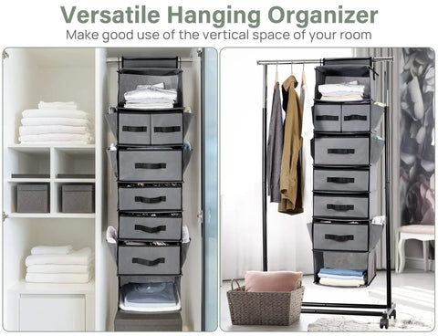 7 Shelf Hanging Closet Organizer With 6 Removable Drawers And Side Pockets for clothes and storage in a nursery or dorm setting
