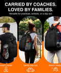 Heavy Duty Mesh Gear Bag With Adjustable Backpack Straps Three Compartments for multiple uses: coach, family outing, beach.