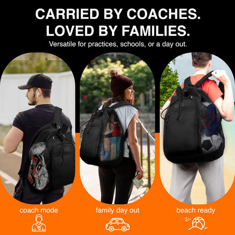 Heavy Duty Mesh Gear Bag With Adjustable Backpack Straps Three Compartments for multiple uses: coach, family outing, beach.