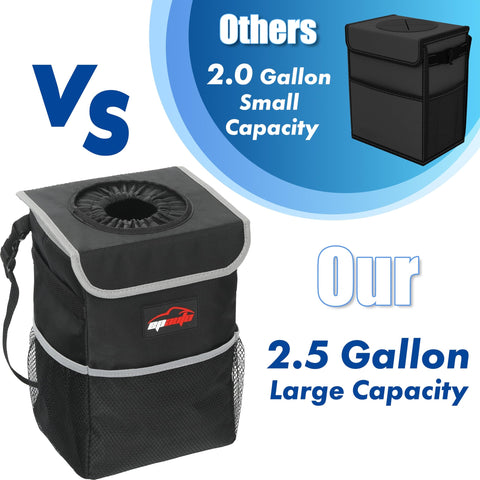 Comparison of waterproof car trash can with lid, 2.5 gallon capacity, showing larger size than 2.0 gallon competitor.