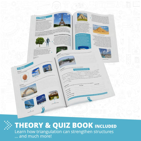 Hands On Engineering Kit For Kids 9 Plus Build 9 Real Structures From House To Pyramid And Bridges Learn STEM Projects And Creative Engineering Toys For Boys And Girls A Totally Fun Nine Model Set theory book shown open with illustrations and quizzes.