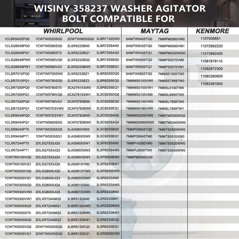 Washer Agitator Bolt 5/16-24 WP358237 Replacement Part For Whirlpool Front Load And Top Load Washers DIY Friendly Easy Install Durable Steel compatibility chart