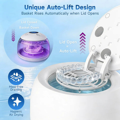 Keep Your Mouth Straight Fire Clean With This Ultrasonic Retainer Cleaner Using 45Khz Uv Deep Tech, showcasing auto-lift design and basket with aligner.